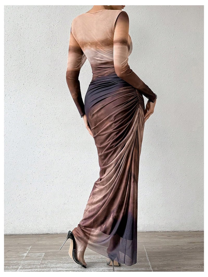 BEAUDRM Women's Fall Wedding Guest Dress Long Sleeve Cocktail Date Night Sexy Y2K Bodycon Ruched Mesh Formal Maxi Dresses Coffee Brown Medium - Image 2