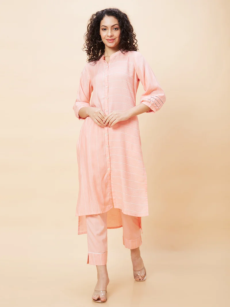 globus Globus Women Mandarin Collar High Low Kurta With Trousers Festive Set