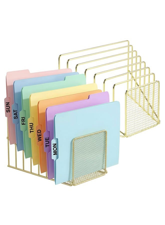 Simmer Stone 2 pcs Incline File Sorter, 7 Slot Magazine Holder for Letter, Document, Folder and Book, Metal Desktop Organizer Rack for Home, School and Office (2-gold) - Image 1
