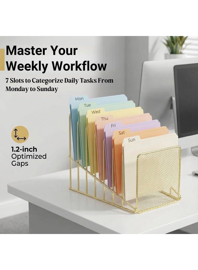 Simmer Stone 2 pcs Incline File Sorter, 7 Slot Magazine Holder for Letter, Document, Folder and Book, Metal Desktop Organizer Rack for Home, School and Office (2-gold) - Image 2