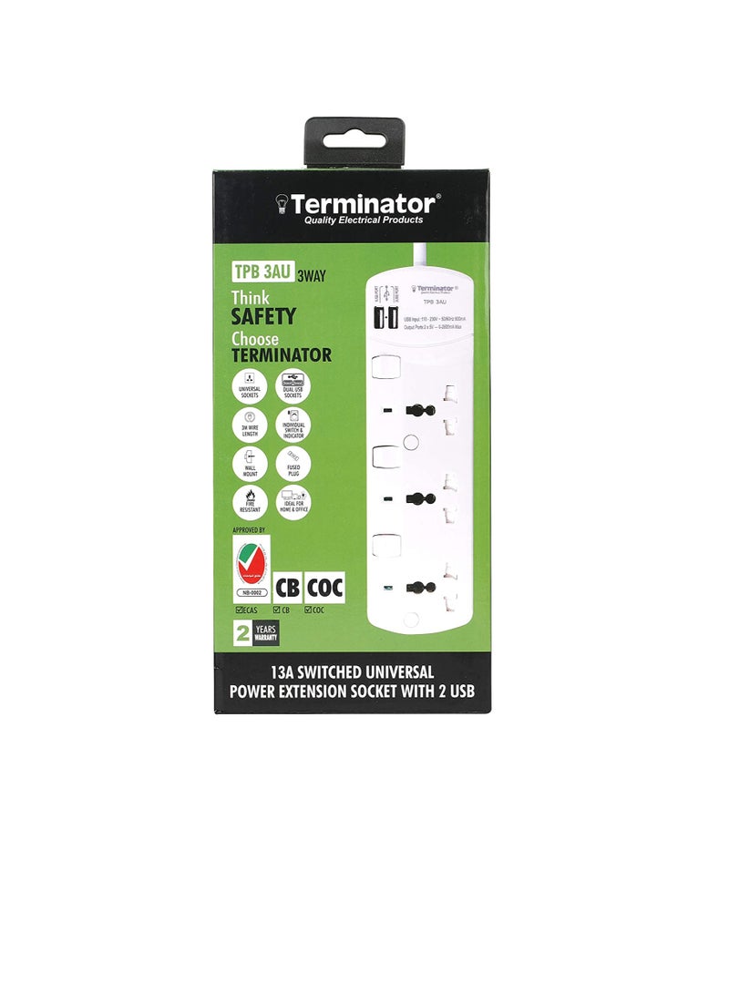 Terminator Extension 3G/3M + 2 USB TPB 3AU Universal Socket With Individual Switches  Indicators Terminator Multicolor TRZ TPB 3AU Extension Socket  - Image 3