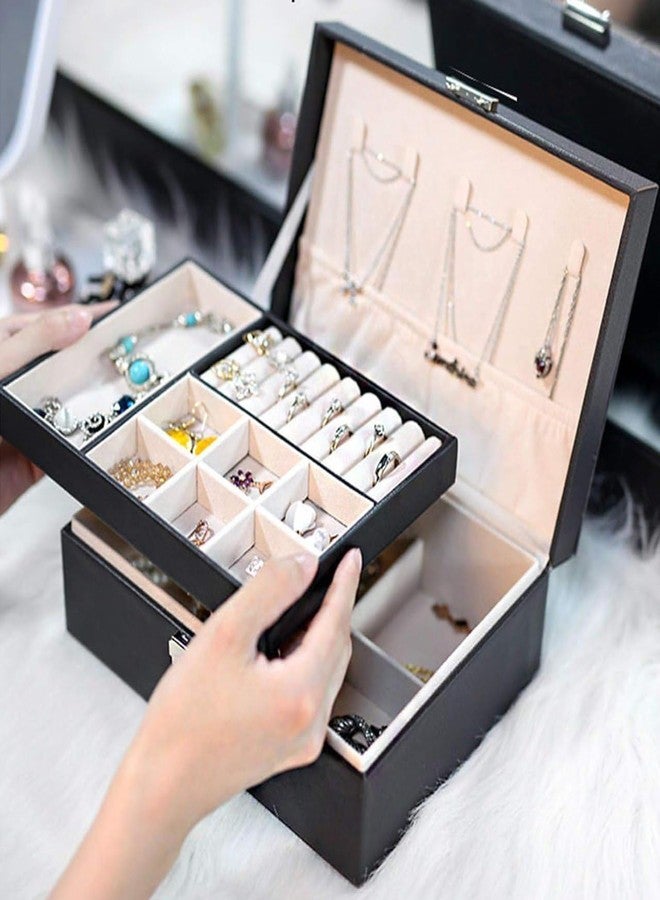 LOCKET 2-Layer Jewelry Box Organizer for Women and Girls - Large Men Jewelry Storage Case with Removable Tray for Necklace Earrings Rings Bracelets, PU Leather Vintage Gift (Black) - Image 3