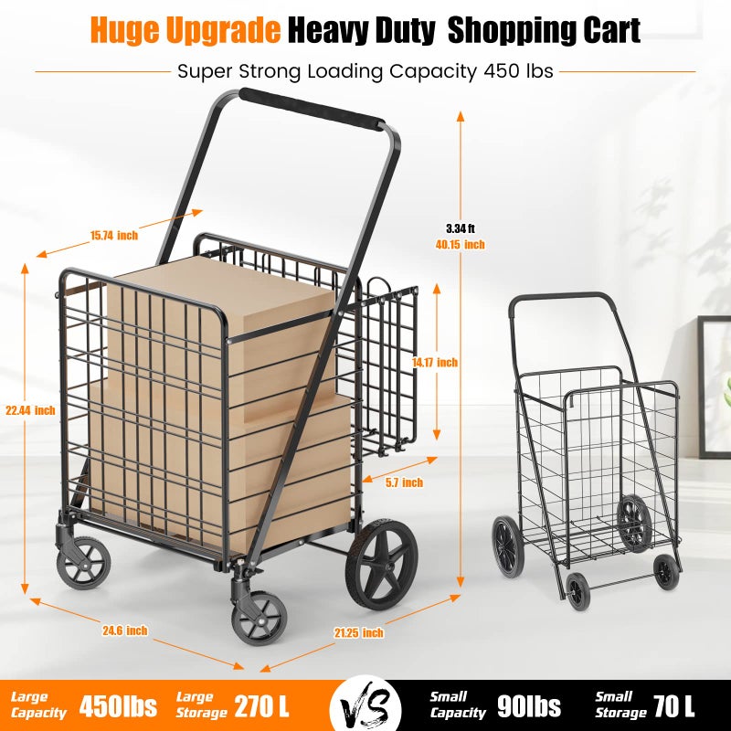 FOWORE 455lbs Shopping Cart for Groceries, Large Heavy Duty Grocery Cart on Wheels, Folding Dual Basket Utility Carts with Waterproof Liner, Shopping Carts for Transport, Laundry, Gift, Luggage - Image 2