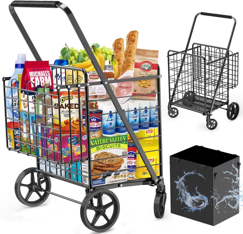 FOWORE 455lbs Shopping Cart for Groceries, Large Heavy Duty Grocery Cart on Wheels, Folding Dual Basket Utility Carts with Waterproof Liner, Shopping Carts for Transport, Laundry, Gift, Luggage - Image 1