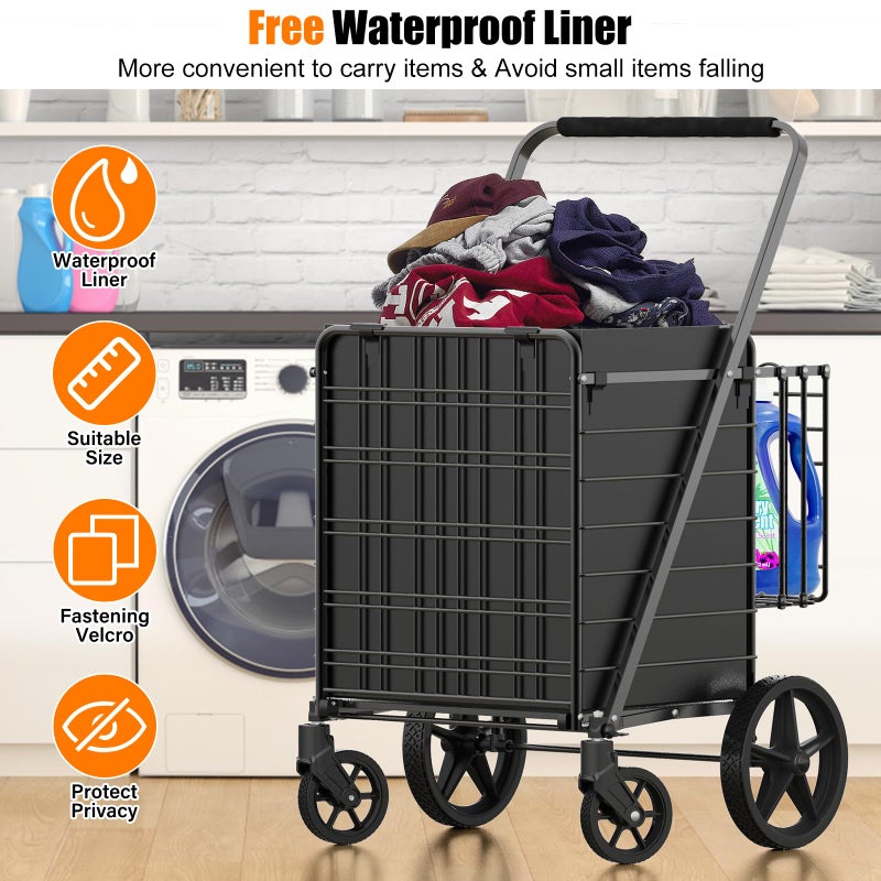 FOWORE 455lbs Shopping Cart for Groceries, Large Heavy Duty Grocery Cart on Wheels, Folding Dual Basket Utility Carts with Waterproof Liner, Shopping Carts for Transport, Laundry, Gift, Luggage - Image 4