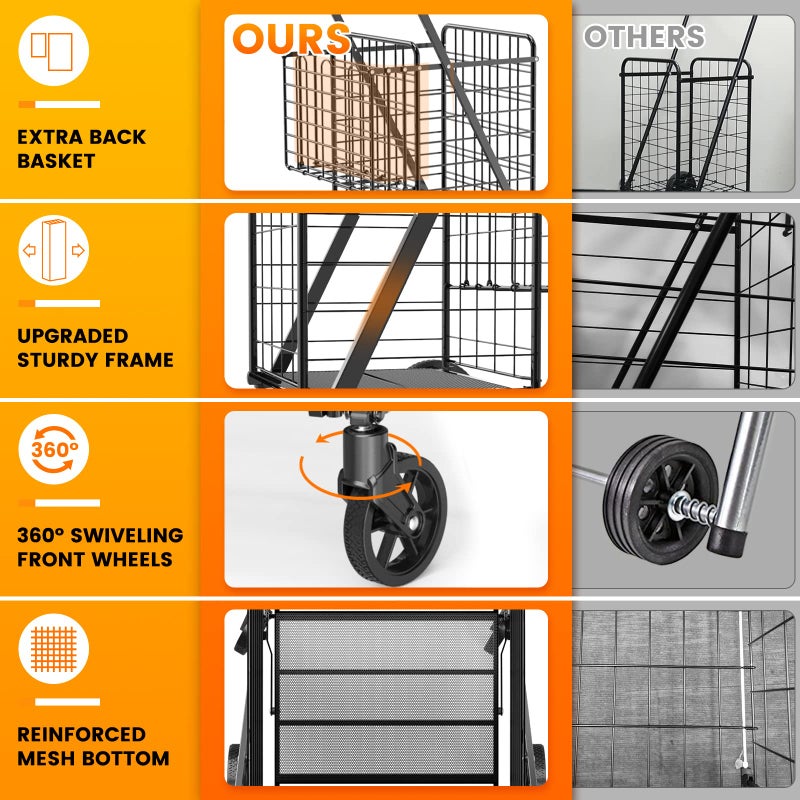 FOWORE 455lbs Shopping Cart for Groceries, Large Heavy Duty Grocery Cart on Wheels, Folding Dual Basket Utility Carts with Waterproof Liner, Shopping Carts for Transport, Laundry, Gift, Luggage - Image 3
