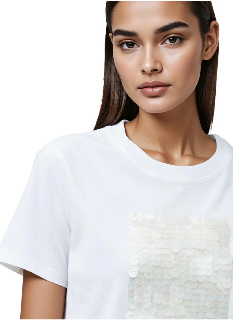 فرنش كونكشن Sequin Regular Cotton Crew Neck T-Shirt