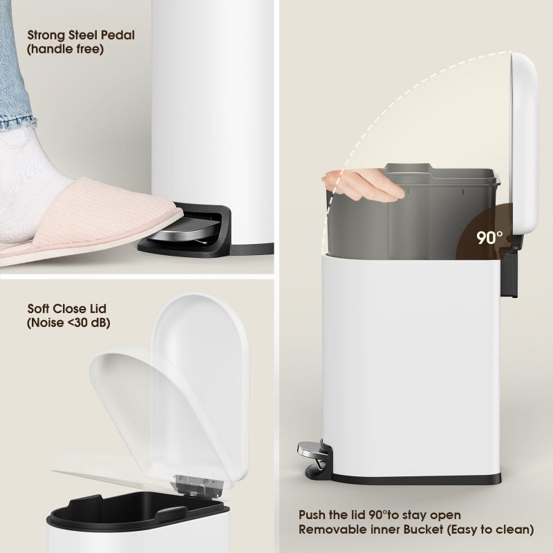 CEROELDA Small Bathroom Trash Can with Lid Soft Close, 5L/1.3 Gallon Stainless Steel Slim Garbage Can, Metal Waste Basket with Step Pedal, for Office, Bedroom, Toilet, Dorm Room (White, 1.3 Gallon) - Image 4