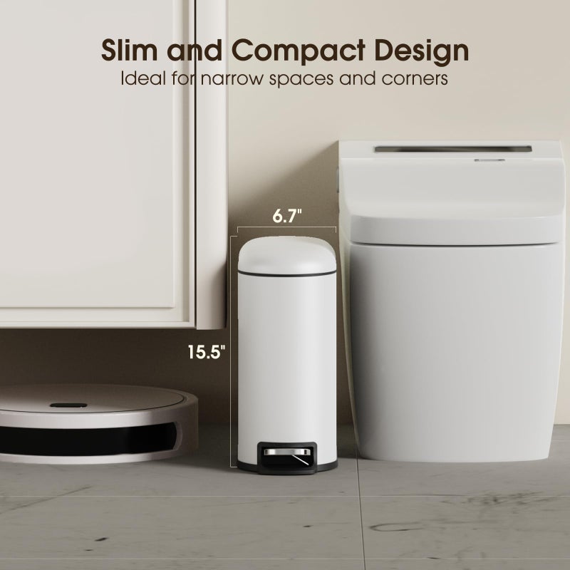 CEROELDA Small Bathroom Trash Can with Lid Soft Close, 5L/1.3 Gallon Stainless Steel Slim Garbage Can, Metal Waste Basket with Step Pedal, for Office, Bedroom, Toilet, Dorm Room (White, 1.3 Gallon) - Image 3