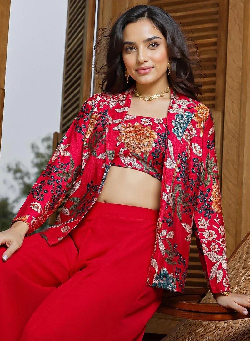  قصة Women's Crimson Red Botanica Flared Co-Ord Set