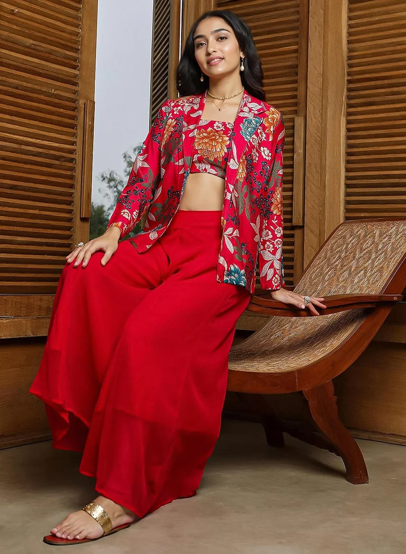  قصة Women's Crimson Red Botanica Flared Co-Ord Set