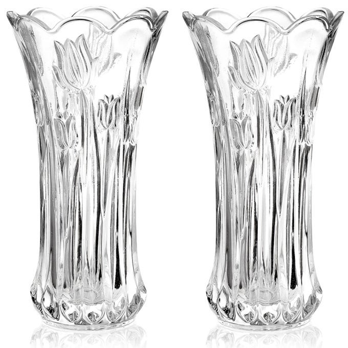 SET OF 2 GLASS FLOWER VASE 95 LARGE FLOWER VASES FOR CENTERPIECES MODERN CLEAR ROSE VASE HEAVY DUTY CRYSTAL TALL CYLINDER FLARED VASE FOR BOUQUET HOME WEDDING LIVING ROOM OFFICE
