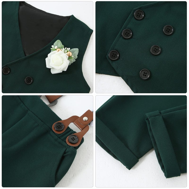 YALLET Toddler Baby Boy Clothes Suit Gentleman Wedding Outfits, Formal Dress Shirt+Bowtie+Vest+Boutonniere+Suspender Pants(V Green, 2-3T) - Image 3