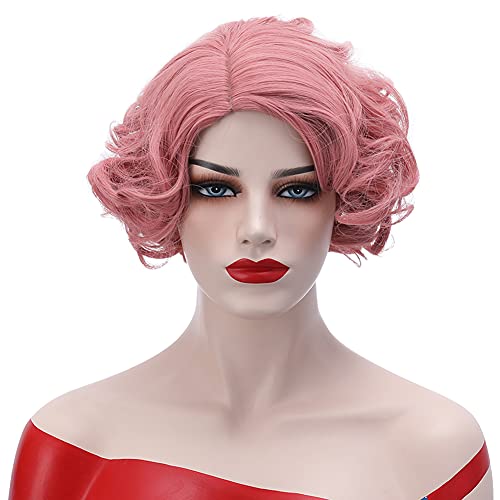 BERON 1920s Short Curly Pink Synthetic Wig with Natural Waves for Women Cosplay Costume Party Come with Wig Cap (Lovely Pink) - Image 1