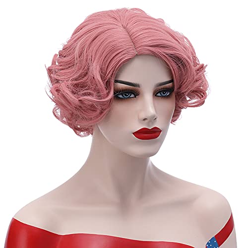 BERON 1920s Short Curly Pink Synthetic Wig with Natural Waves for Women Cosplay Costume Party Come with Wig Cap (Lovely Pink) - Image 2