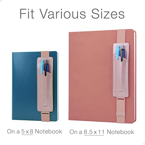 diodrio Adjustable Elastic Band Pen Holder, Pencil Holder, Pen Sleeve Pouch for Hardcover Journals, Notebooks, Planners, Binders, Fit Notebooks from 8" to 11” in Height, PU Leather, Detachable, Rose Gold - Image 4