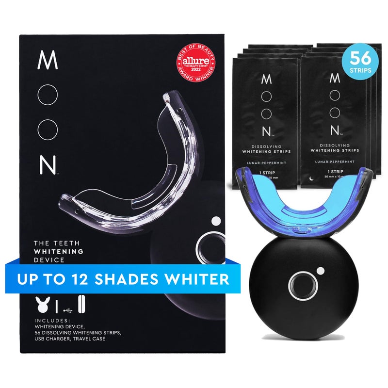 Moon MOON LED Teeth Whitening Kit Gentle Teeth Whitener Device 56 White Strips USB Charger Travel Case Blue Light Whitening Tray Removes Stains Whitens Up to 12 Shades in 2 Weeks 4 Piece Kit 
