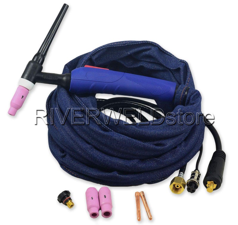 RIVERWELD WP-17F SR-17F TIG Welding Torch Complete Flexible Head Euro Style 150Amp Air-Cooled Electric Cable Wire 10mm2 Connector Plug DKJ10-25mm M16x1.5 2pins 12Feet 4Meters - Image 1