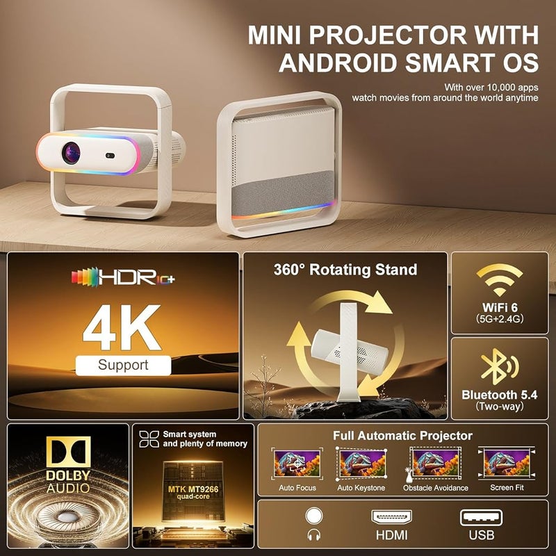 Salange P40 Smart 4K Projector,Native 1080P HDR,Built-in Apps,AI Auto Focus WIFI 6 and Bluetooth5.4,Mini Portable Projectors with Dolby Audio,Smart Proyector for Outdoor/Bedroom/Home/Games - Image 2