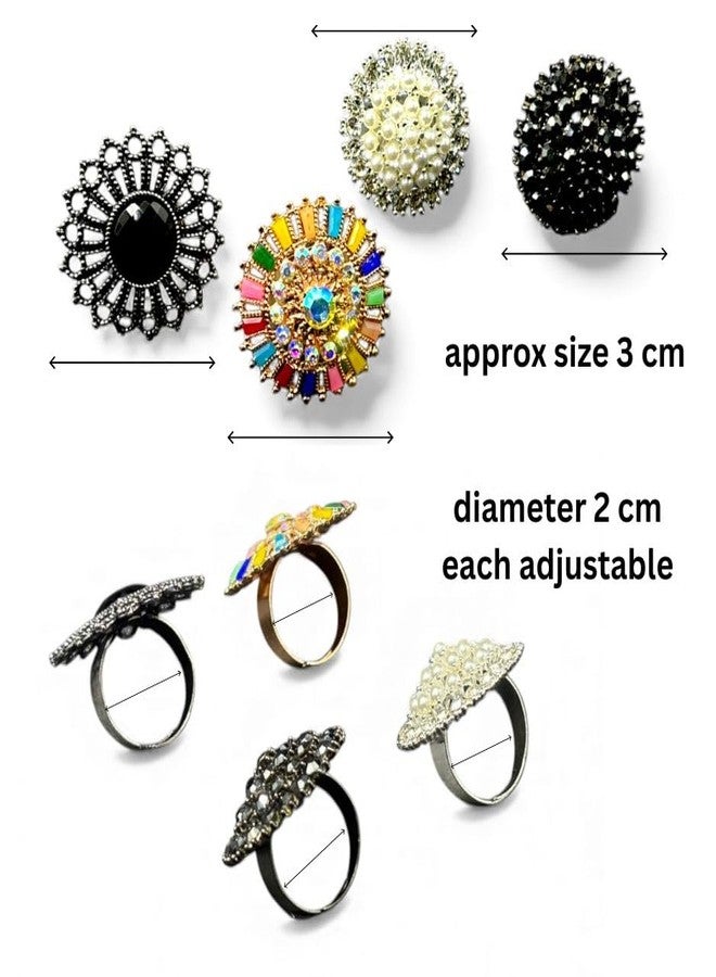 REENA 4 pc Stylish Ladies Ring Combo Set for Women & Girls | Alloy Kundan Stone Pearl Ring Adjustable Fashion Rings for Party, Casual & Gifting | Trendy Gold / Silver-Tone Rings | Jewelry Accessories Set (Multicolour + White Pearl+ Black Zircone+ Black Spyde) - Image 3