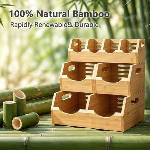 MTGSTOCL Upgraded 3 Tier Bamboo Pantry Storage Bins - Stackable Potato and Onion Storage Bin, Storage Baskets Airflow Vent Vegetable and Fruit Organizer with Handle, for Kitchen, Livingroom,Bathroom - Image 3
