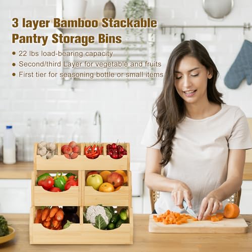 MTGSTOCL Upgraded 3 Tier Bamboo Pantry Storage Bins - Stackable Potato and Onion Storage Bin, Storage Baskets Airflow Vent Vegetable and Fruit Organizer with Handle, for Kitchen, Livingroom,Bathroom - Image 5