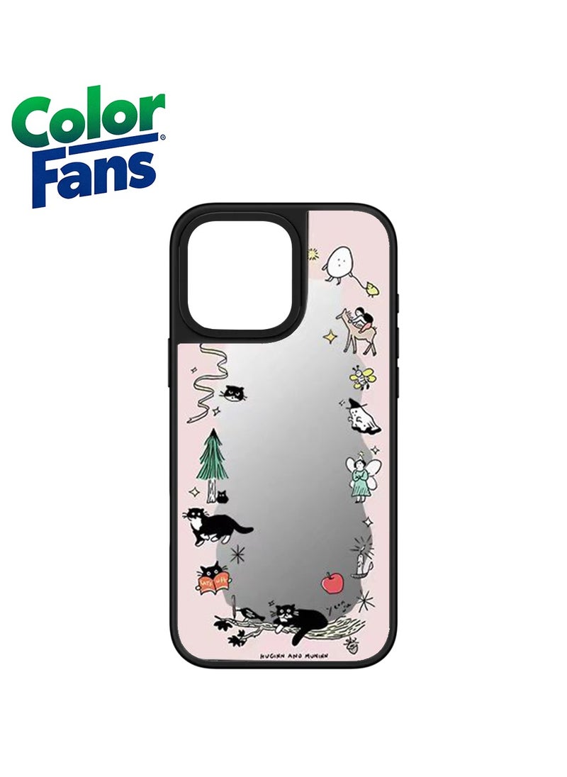 Color Fans - iPhone 12 Pro Max Whimsical Cat Mirror Case  - Reflective Silver with Pastel Doodles - Image 1