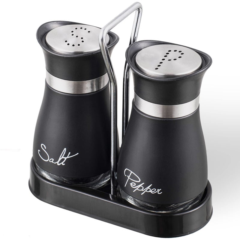 Lonffery Salt and Pepper Shakers Set Stainless Steel with Glass Bottle for Table RV Camp BBQ Set of 2 Black
