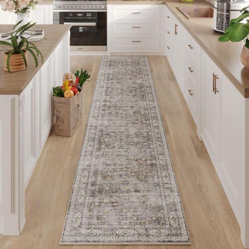 Rugcomf سجاد للممرات سجاد مطبخ غير قابل للانزلاق 2'x10' طويل سجاد قابل للغسل مع قاعدة مطاطية سجادة ناعمة عتيقة للممرات والمطبخ وغسيل الملابس وغرفة النوم والحمام (رمادي وبني) - Image 5