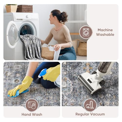Rugcomf سجاد للممرات سجاد مطبخ غير قابل للانزلاق 2'x10' طويل سجاد قابل للغسل مع قاعدة مطاطية سجادة ناعمة عتيقة للممرات والمطبخ وغسيل الملابس وغرفة النوم والحمام (رمادي وبني) - Image 3