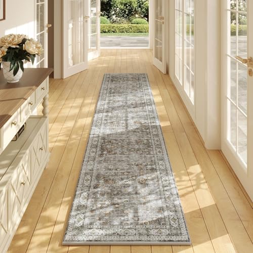 Rugcomf سجاد للممرات سجاد مطبخ غير قابل للانزلاق 2'x10' طويل سجاد قابل للغسل مع قاعدة مطاطية سجادة ناعمة عتيقة للممرات والمطبخ وغسيل الملابس وغرفة النوم والحمام (رمادي وبني) - Image 1