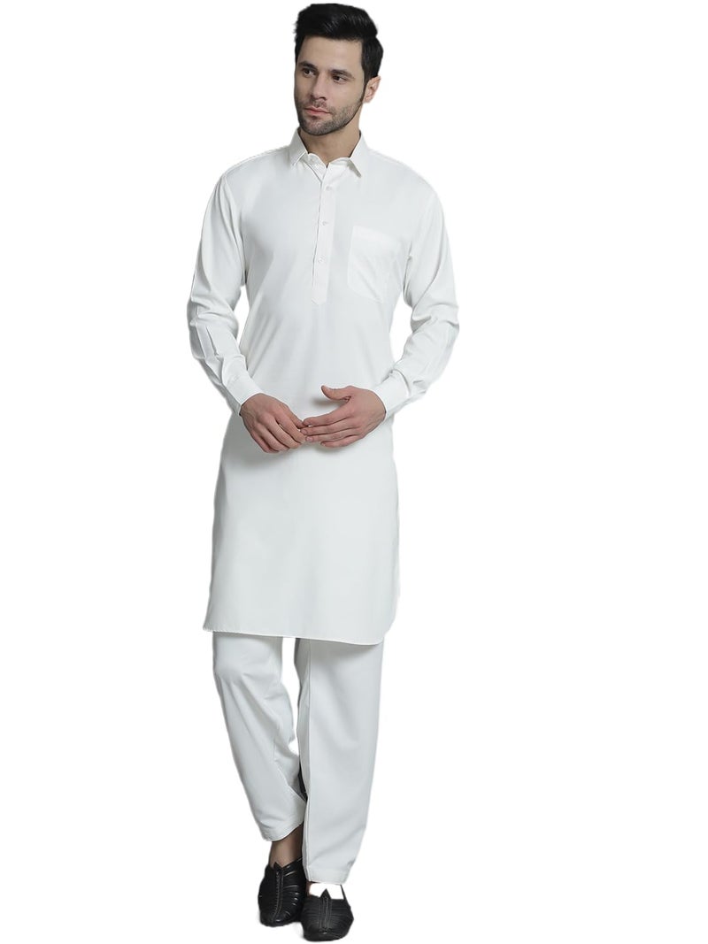 jompers قميص باتهاني أبيض صلب للرجال من جومبرز مع سالوار - مزيج قطن - Image 1