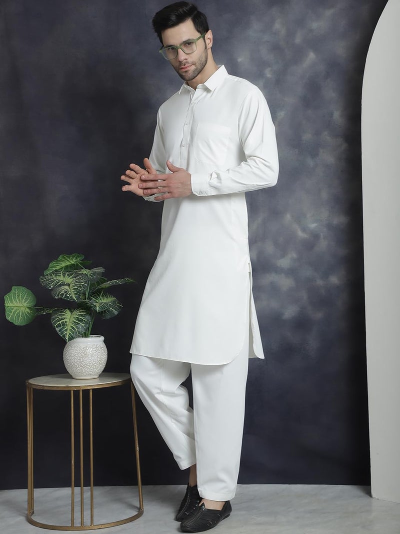 jompers قميص باتهاني أبيض صلب للرجال من جومبرز مع سالوار - مزيج قطن - Image 4