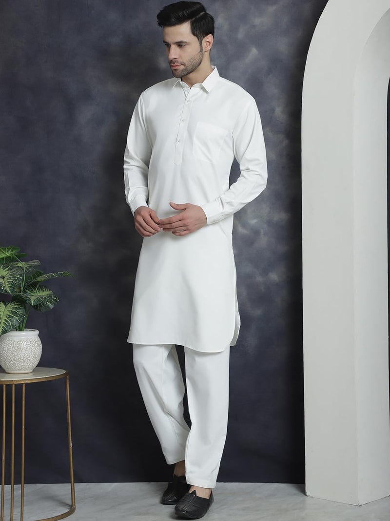 jompers قميص باتهاني أبيض صلب للرجال من جومبرز مع سالوار - مزيج قطن - Image 3
