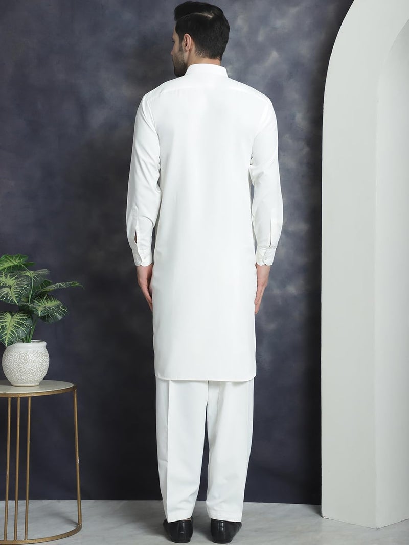 jompers قميص باتهاني أبيض صلب للرجال من جومبرز مع سالوار - مزيج قطن - Image 2