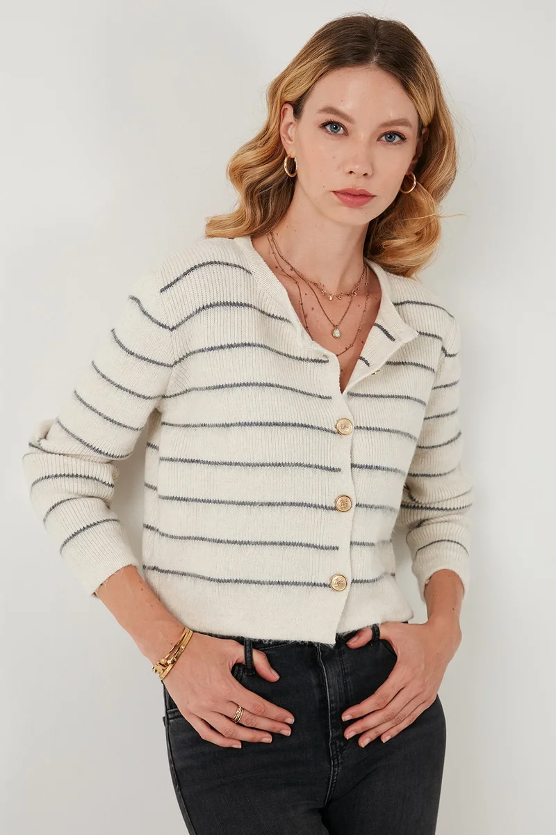 Lela Standard Fit Striped Soft Texture Crop Knitwear Cardigan Women's Cardigan 4615551