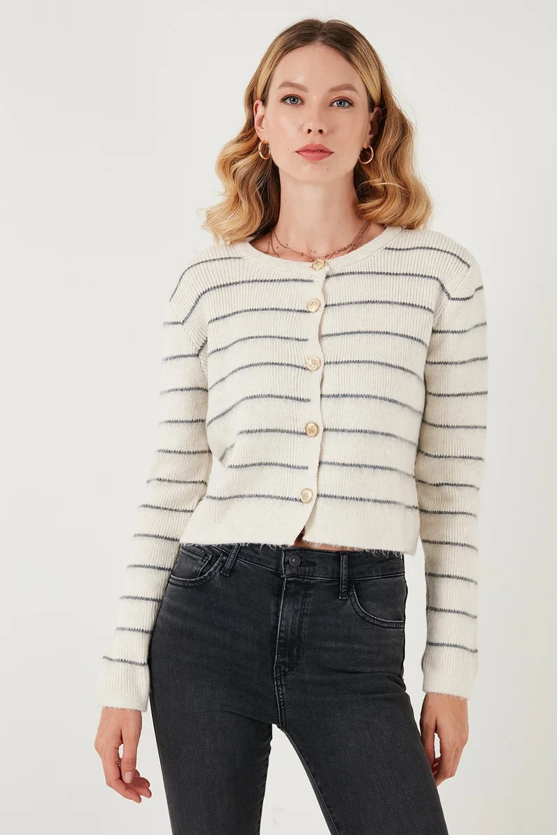 Lela Standard Fit Striped Soft Texture Crop Knitwear Cardigan Women's Cardigan 4615551