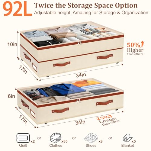 Dolicer 2 Pack Under Bed Storage with Wheels, 6in-10in Height Adjustable Underbed Storage Containers, 92L XXXL Under Bed Drawers Rolling Bin with Clear Lids for Dorm Shoes Clothes Organizers(Beige) - Image 3
