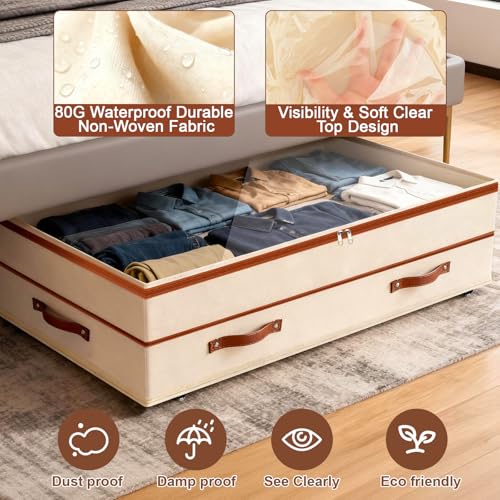 Dolicer 2 Pack Under Bed Storage with Wheels, 6in-10in Height Adjustable Underbed Storage Containers, 92L XXXL Under Bed Drawers Rolling Bin with Clear Lids for Dorm Shoes Clothes Organizers(Beige) - Image 5