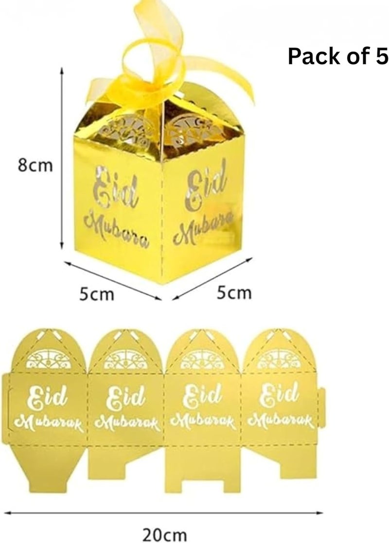 BrainGiggles Eid Mubarak Gift Boxes – Pack of 5 Ramadan Favor Boxes in Gold, Elegant Treat Box for Sweets, Dates, Chocolates, and Gifts for Kids | Eid Gift Bags (Gold) - Image 3