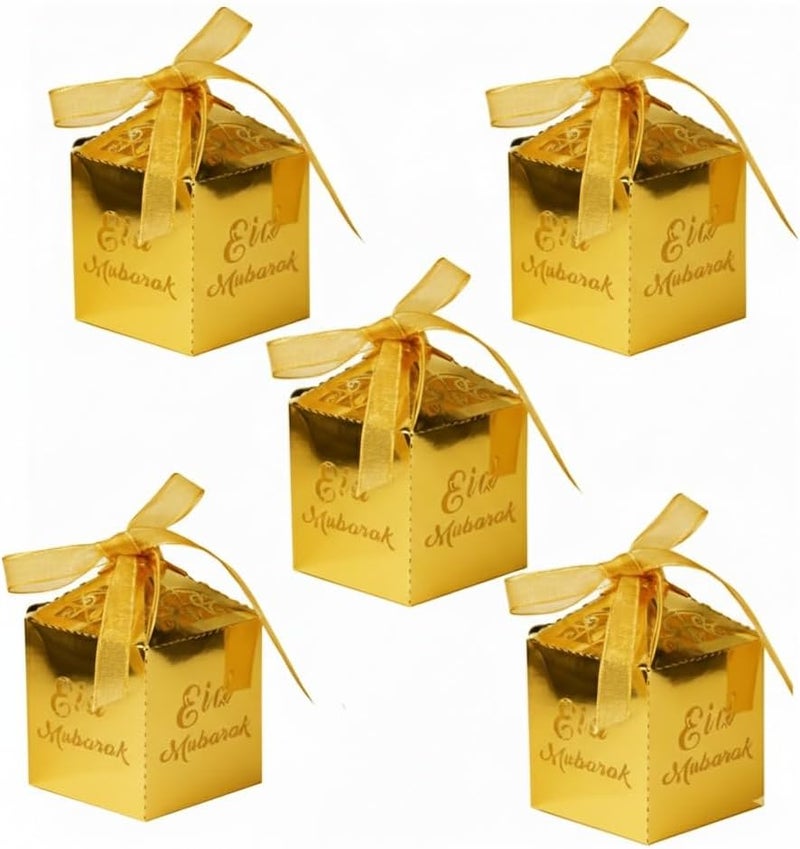BrainGiggles Eid Mubarak Gift Boxes – Pack of 5 Ramadan Favor Boxes in Gold, Elegant Treat Box for Sweets, Dates, Chocolates, and Gifts for Kids | Eid Gift Bags (Gold) - Image 1