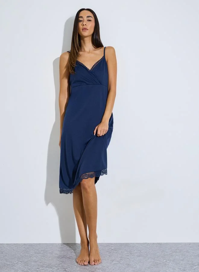 Styli Navy Blue Lace Trim Cross Over V Neck Slip Dress