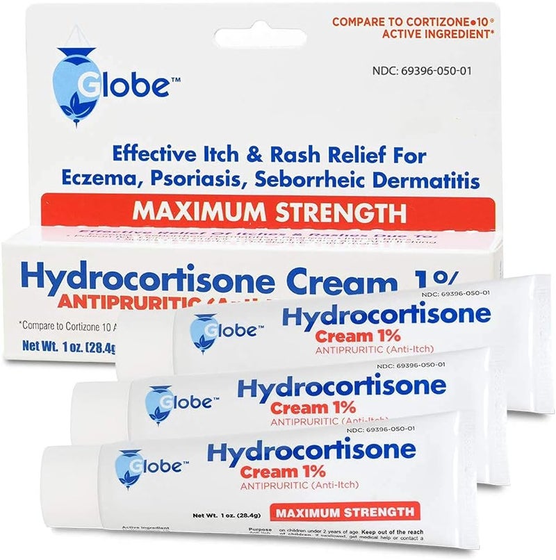 Globe (3 Pack Hydrocortisone Maximum Strength Cream 1%, Anti-Itch Cream for Redness, Swelling, Itching, Rash, Bug/Mosquito Bites, Eczema, Hemorrhoids & More - Image 1