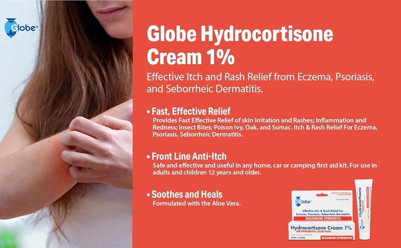 Globe (3 Pack Hydrocortisone Maximum Strength Cream 1%, Anti-Itch Cream for Redness, Swelling, Itching, Rash, Bug/Mosquito Bites, Eczema, Hemorrhoids & More - Image 3