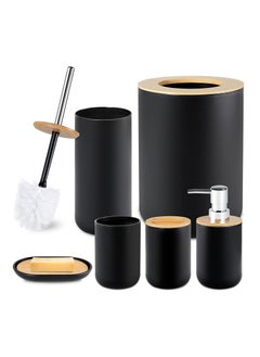Bamboo Bathroom Accessories Set Soap Dispenser,Toothbrush Holder,Rinse Cup,Soap Dish, Waste Bin,Toilet BrushToilet Kit for Home Washing Room Black