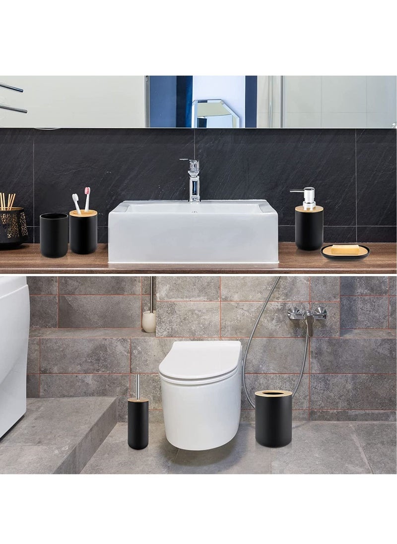 Arabest - Bamboo Bathroom Accessories Set Soap Dispenser,Toothbrush Holder,Rinse Cup,Soap Dish, Waste Bin,Toilet BrushToilet Kit for Home Washing Room Black - Image 1