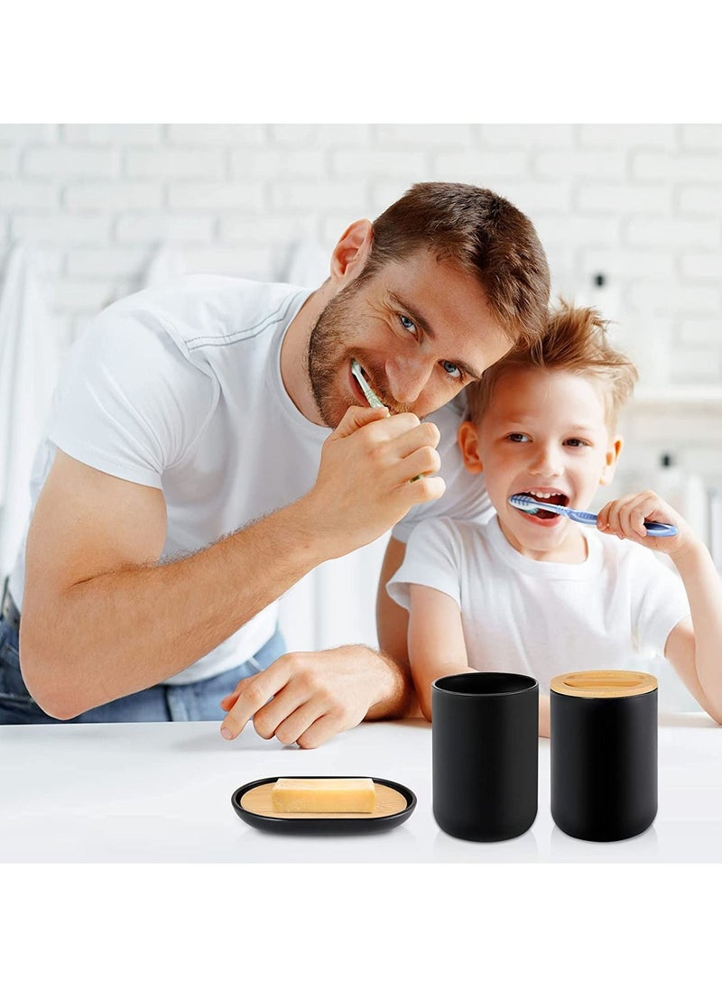 Arabest - Bamboo Bathroom Accessories Set Soap Dispenser,Toothbrush Holder,Rinse Cup,Soap Dish, Waste Bin,Toilet BrushToilet Kit for Home Washing Room Black - Image 1