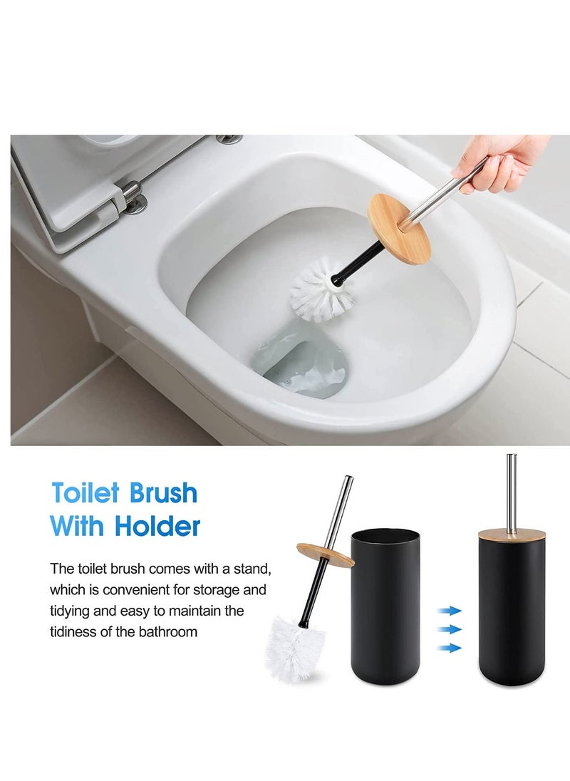 Arabest - Bamboo Bathroom Accessories Set Soap Dispenser,Toothbrush Holder,Rinse Cup,Soap Dish, Waste Bin,Toilet BrushToilet Kit for Home Washing Room Black - Image 1