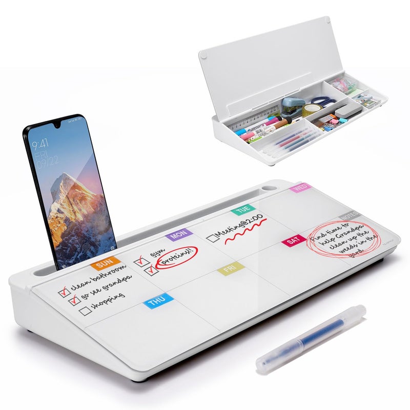 TSJ OFFICE Whiteboard Weekly Dry-Erase-Board - Desktop White Board Calendar Desk Organizers with Accessories Computer Keyboard Stand with Drawer, for Office, Home, School Supplies - Image 1
