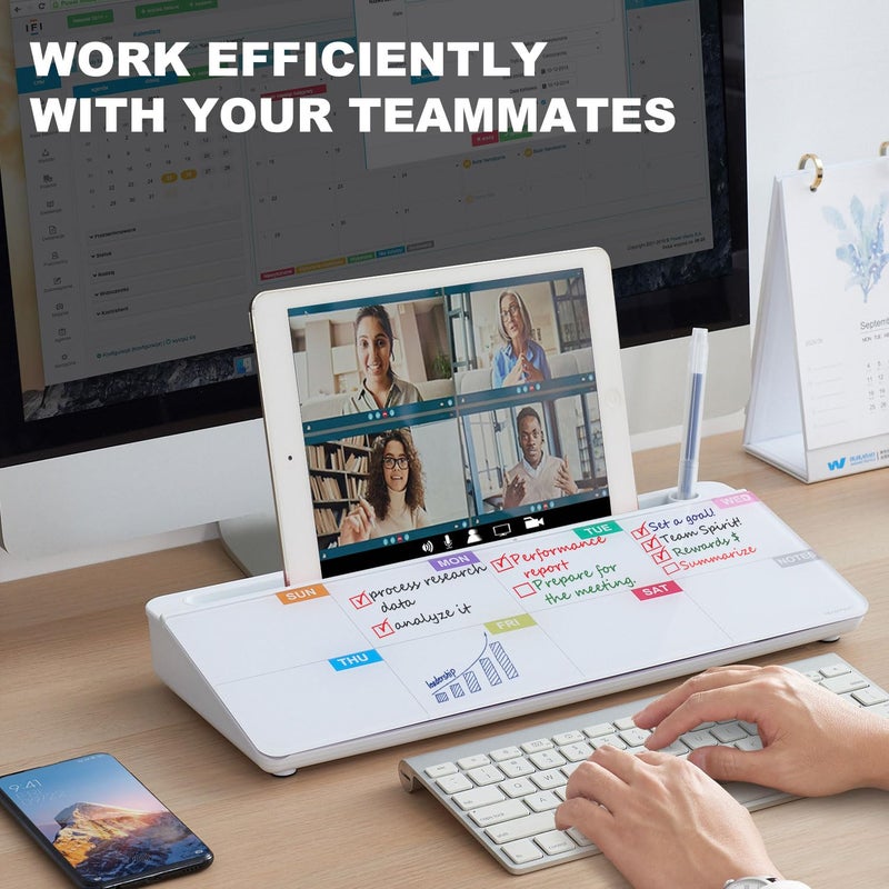 TSJ OFFICE Whiteboard Weekly Dry-Erase-Board - Desktop White Board Calendar Desk Organizers with Accessories Computer Keyboard Stand with Drawer, for Office, Home, School Supplies - Image 2